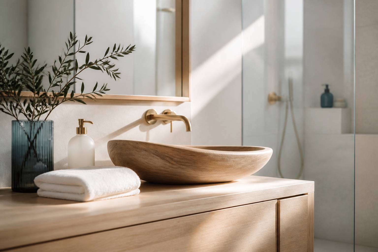 Vasque en bois avec meuble clair et serviettes blanches