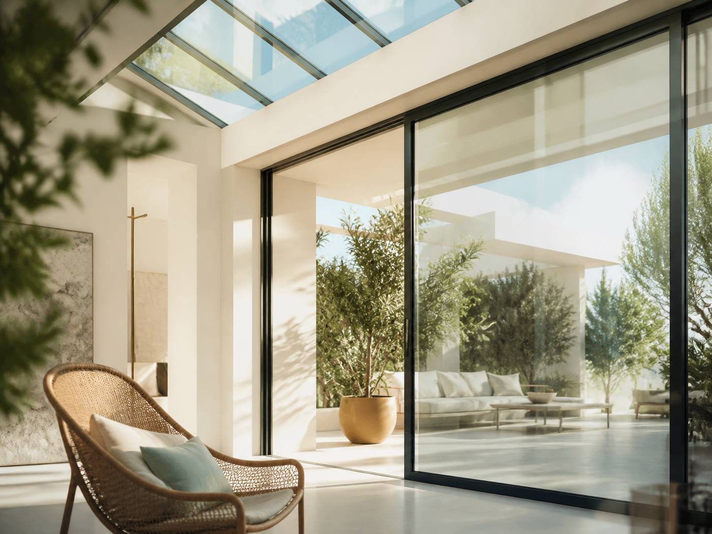 Verrière reliant un intérieur clair à une terrasse ensoleillée