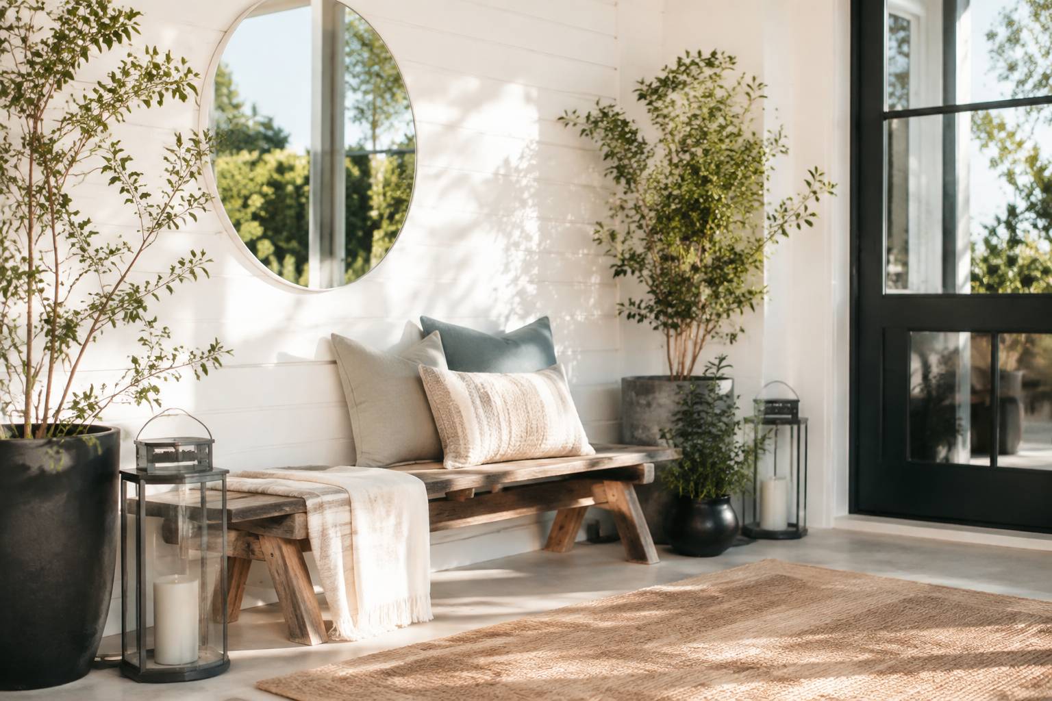 Banc en bois, plantes en pots et lanternes pour aménager un porche d'entrée