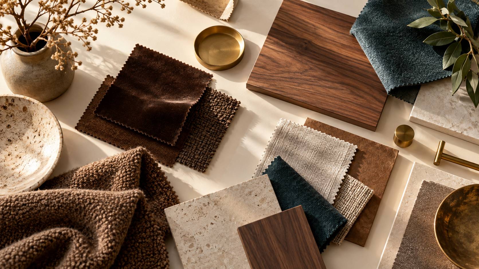 Echantillons de tissus bruns et de bois poses sur une table claire