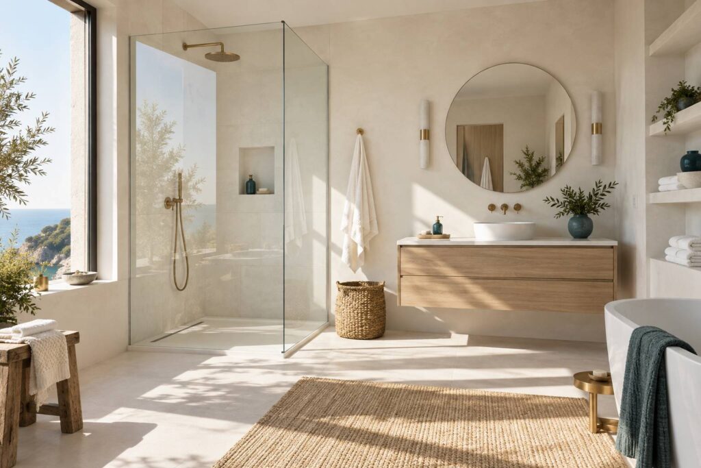 Petite salle de bain claire avec paroi de douche en verre et meuble suspendu