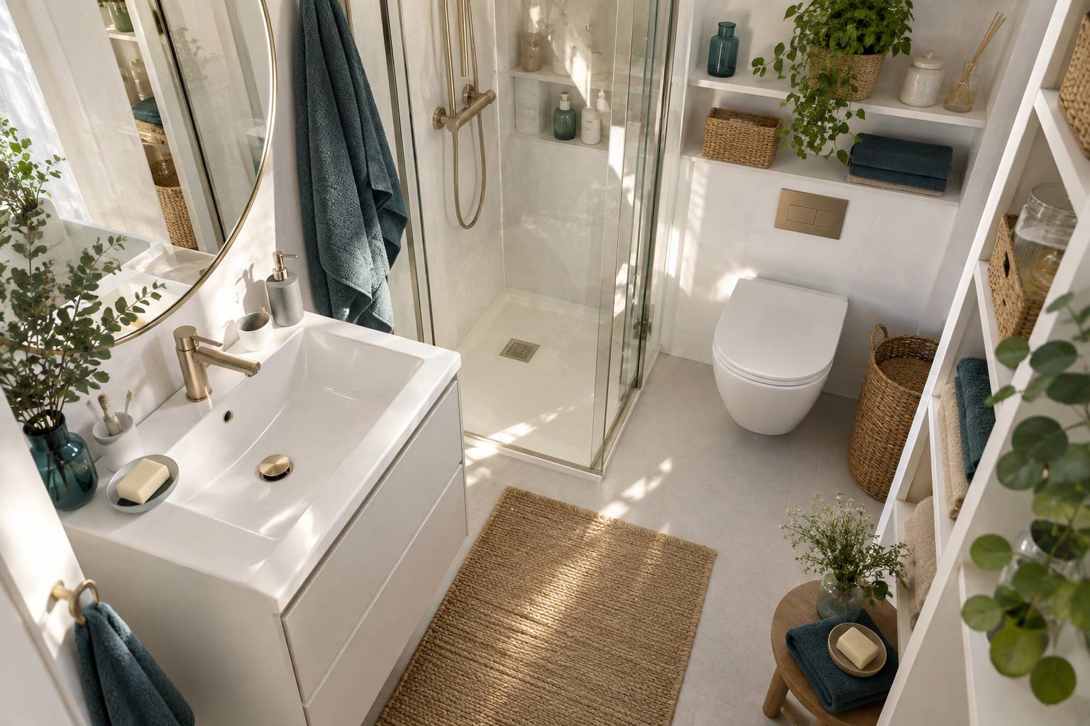 Rangements compacts et paniers en osier dans une petite salle de bain lumineuse
