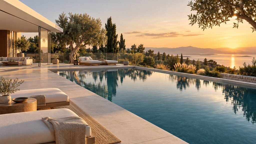 Terrasse de piscine au reflet calme avec margelle en pierre claire