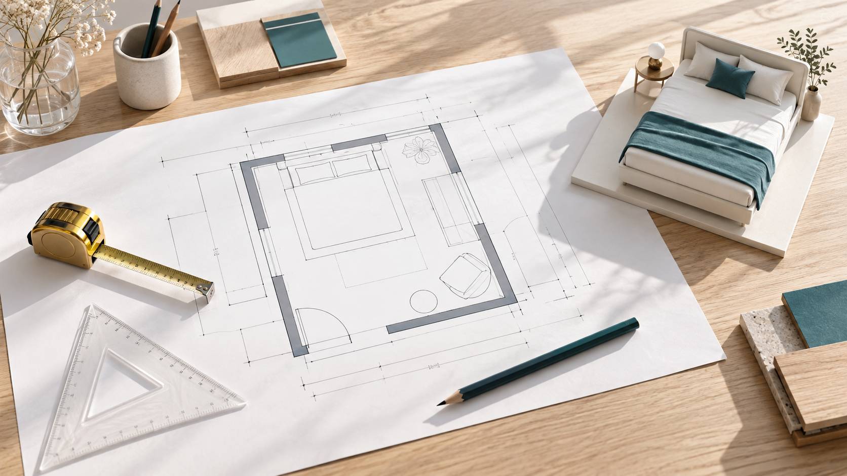 Détail d'un plan de petite chambre avec mètre ruban et maquette de lit