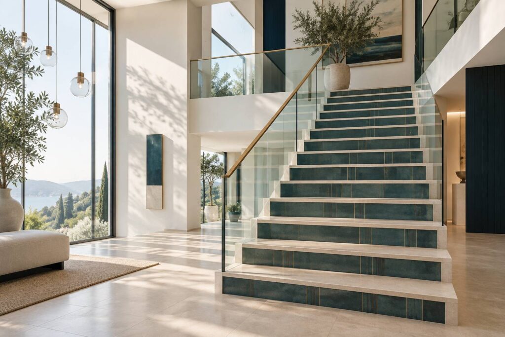 Escalier carrelé lumineux avec garde-corps en verre et main courante en laiton