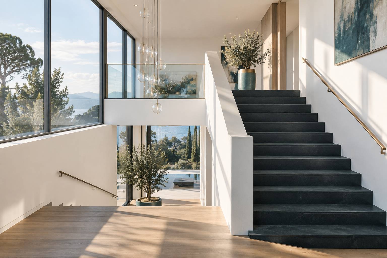 Cage d'escalier lumineuse aux marches sombres et murs blancs