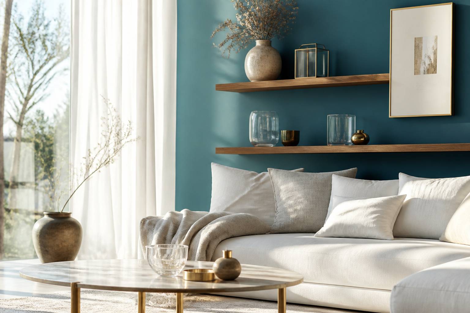 Étagère murale en bois sur un mur bleu avec textiles en lin et vase en céramique