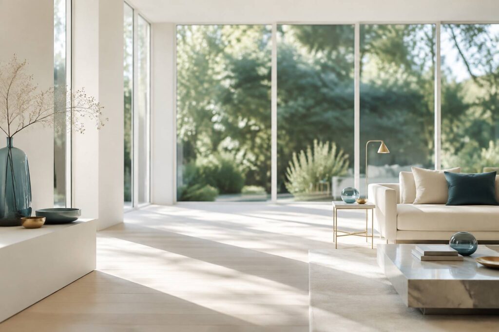 Baie vitrée à cadres fins dans un intérieur clair avec lumière rasante