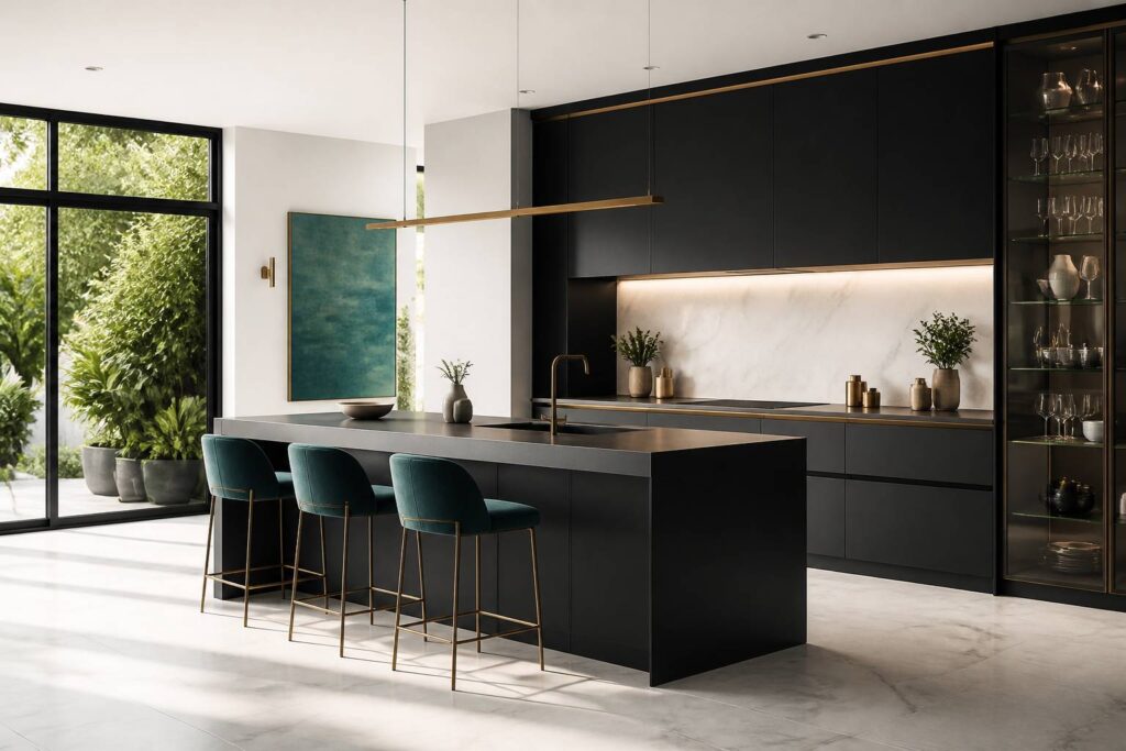 Cuisine moderne aux façades noir mat avec verrière et lumière naturelle
