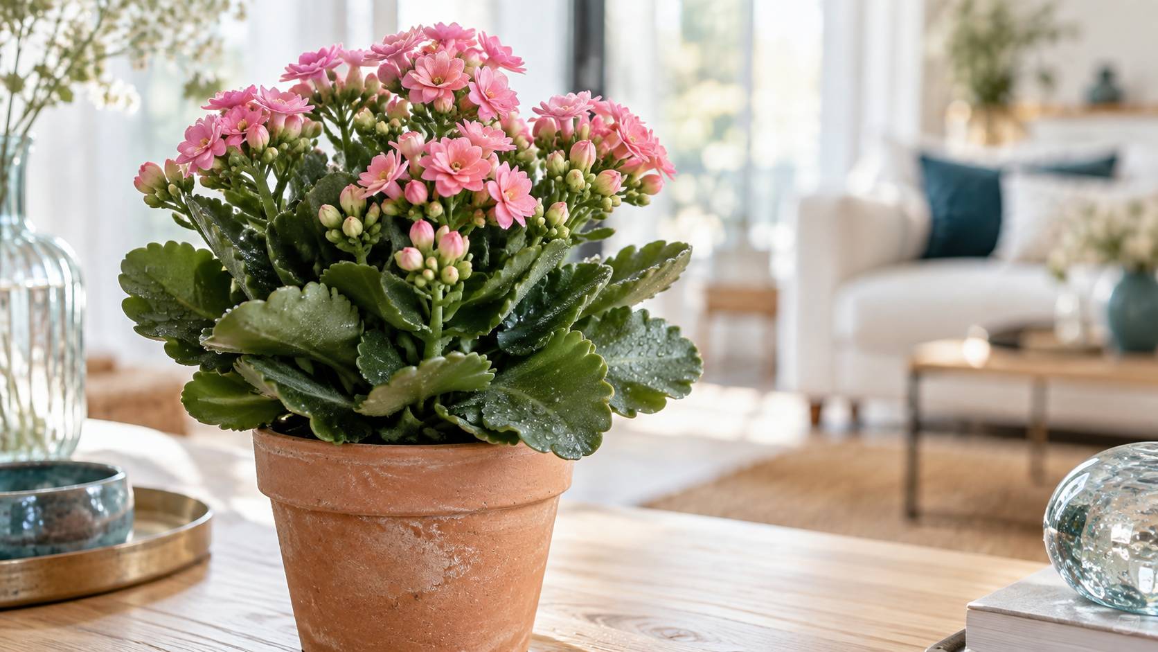 Vue large rapprochée des fleurs roses d'un kalanchoé et de ses feuilles succulentes charnues, gouttes d'eau su