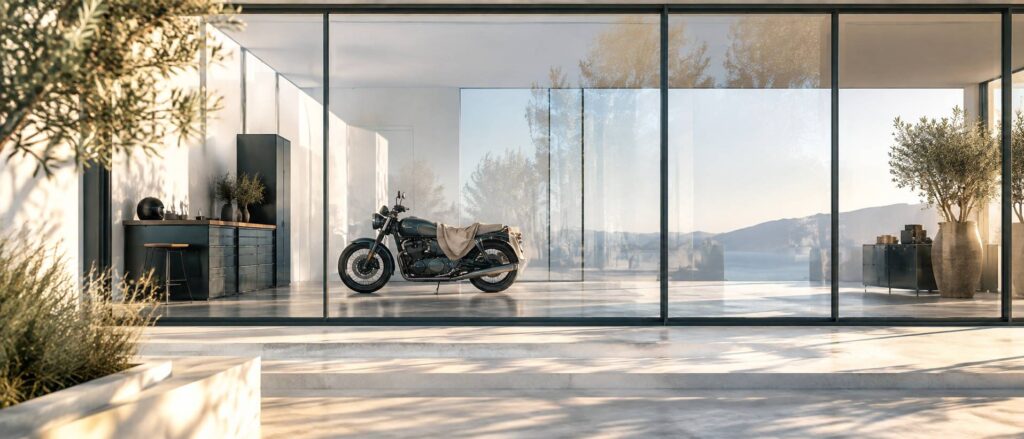 Moto sobre stationnee derriere une grande baie vitree baignee de lumiere rasante