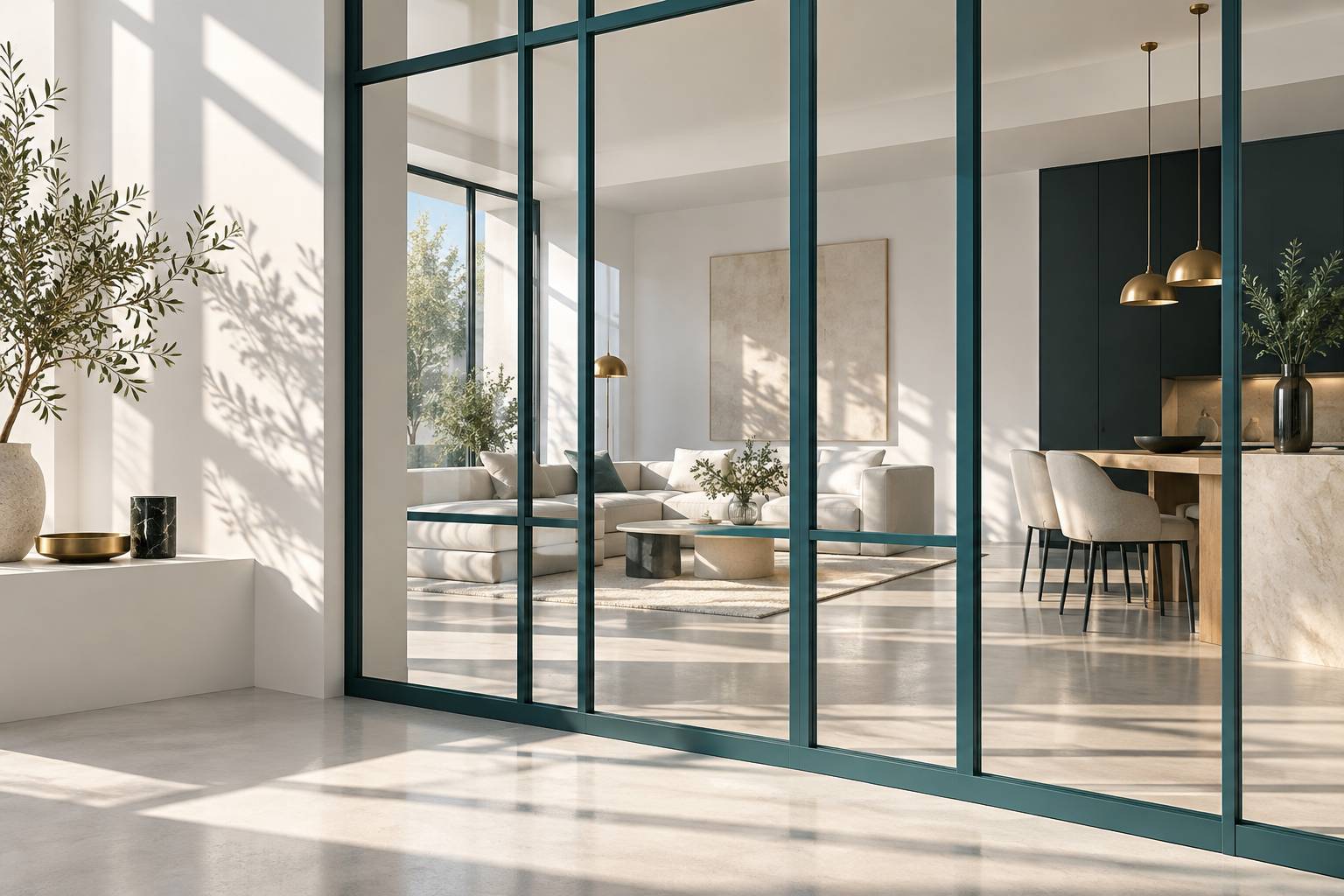 Gros plan sur une verrière d'intérieur en fines traverses métalliques