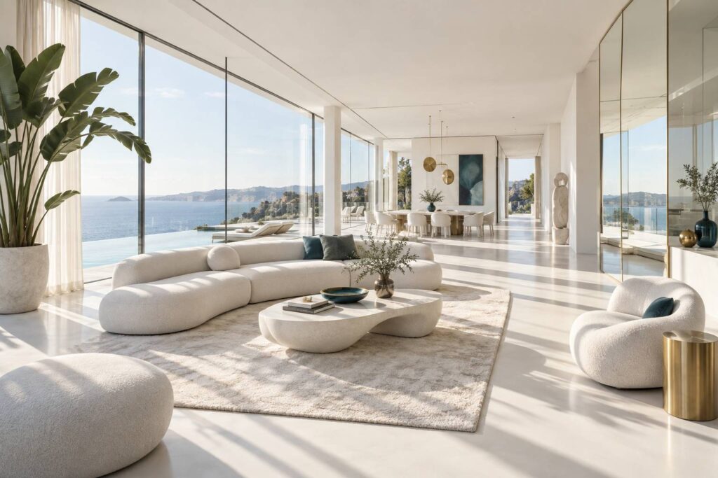 Interieur lumineux avec miroirs et verrieres aux teintes claires