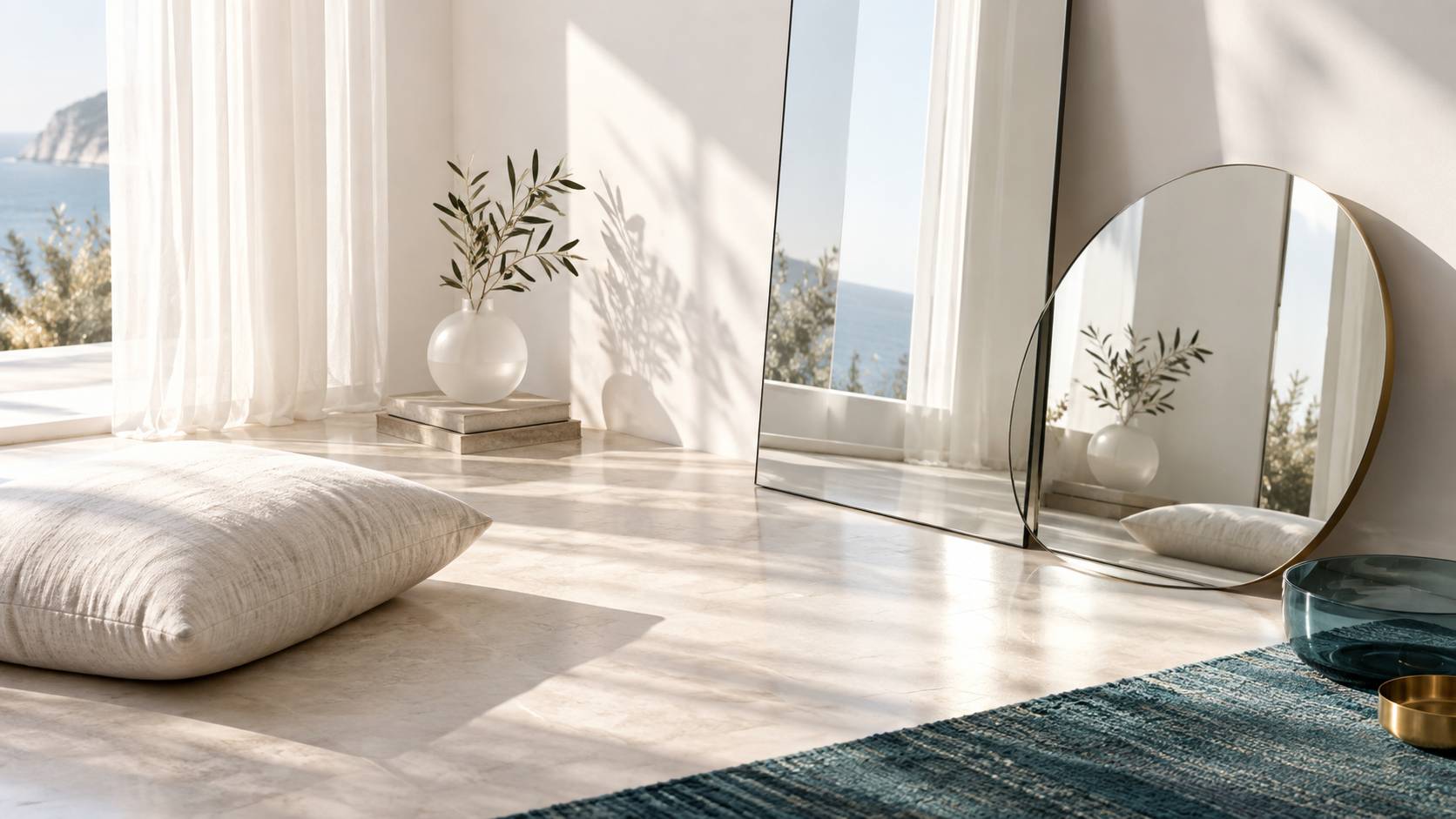 Angle de piece lumineux avec miroirs et coussin textile clair