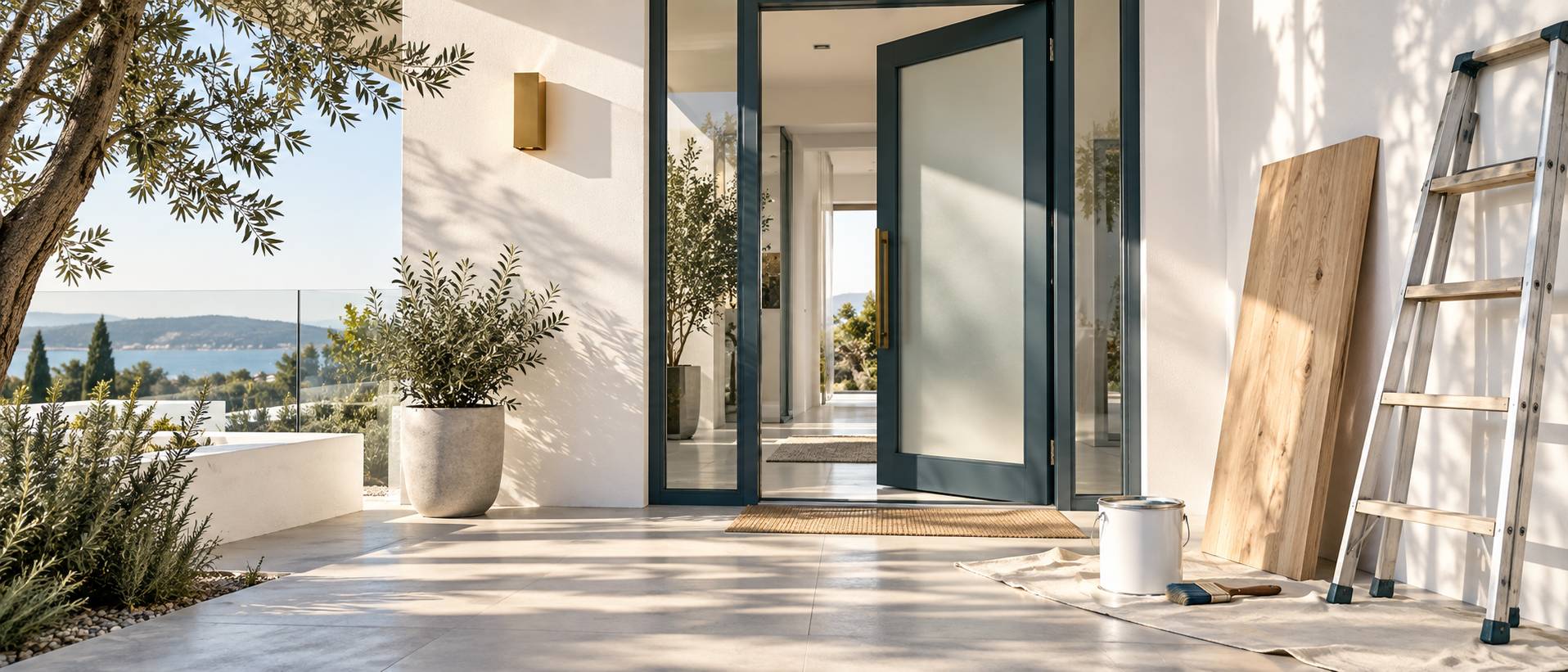 Entree de maison avec porte semi-vitree et eclairage mural exterieur