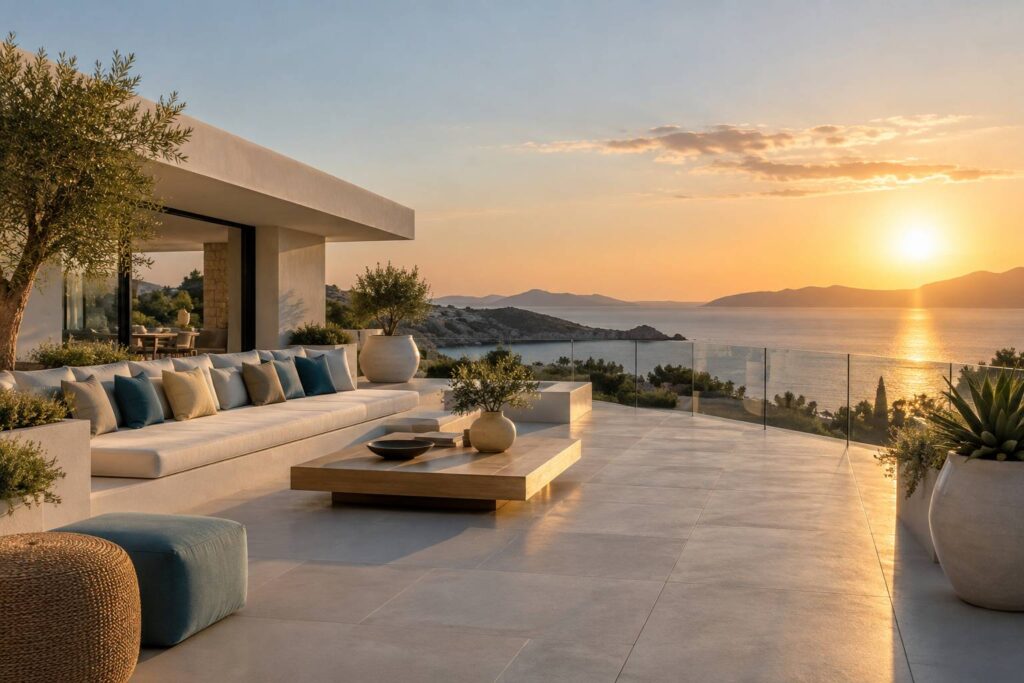 Terrasse moderne avec banquette maconne claire et sol continu en dalles