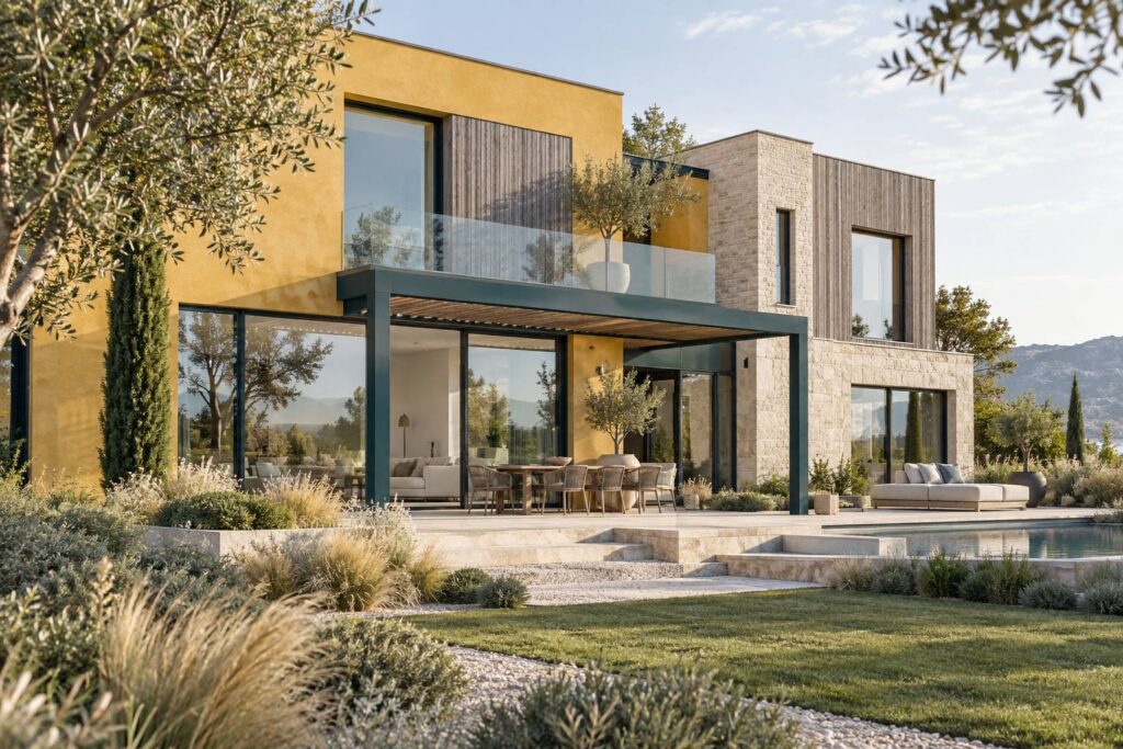 Illustration éditoriale du sujet : Inspiration déco : sublimer les façades jaunes avec une variété de matériaux tendance
