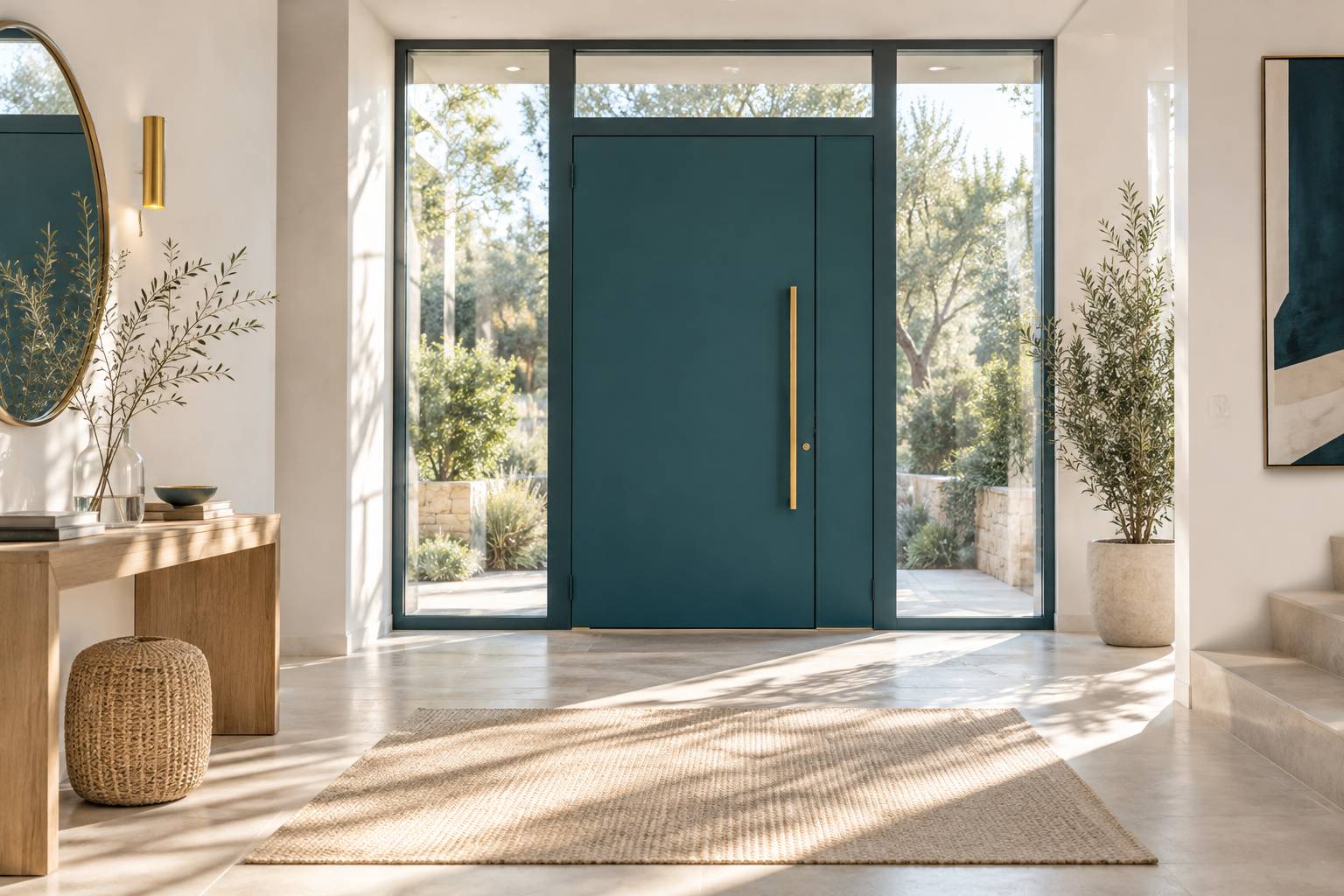 Illustration éditoriale du sujet : Inspirez votre entrée : 10 idées déco autour d'une porte bleue éclatante