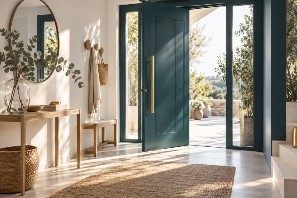 Illustration éditoriale du sujet : Inspirez votre entrée : 10 idées déco autour d'une porte bleue éclatante