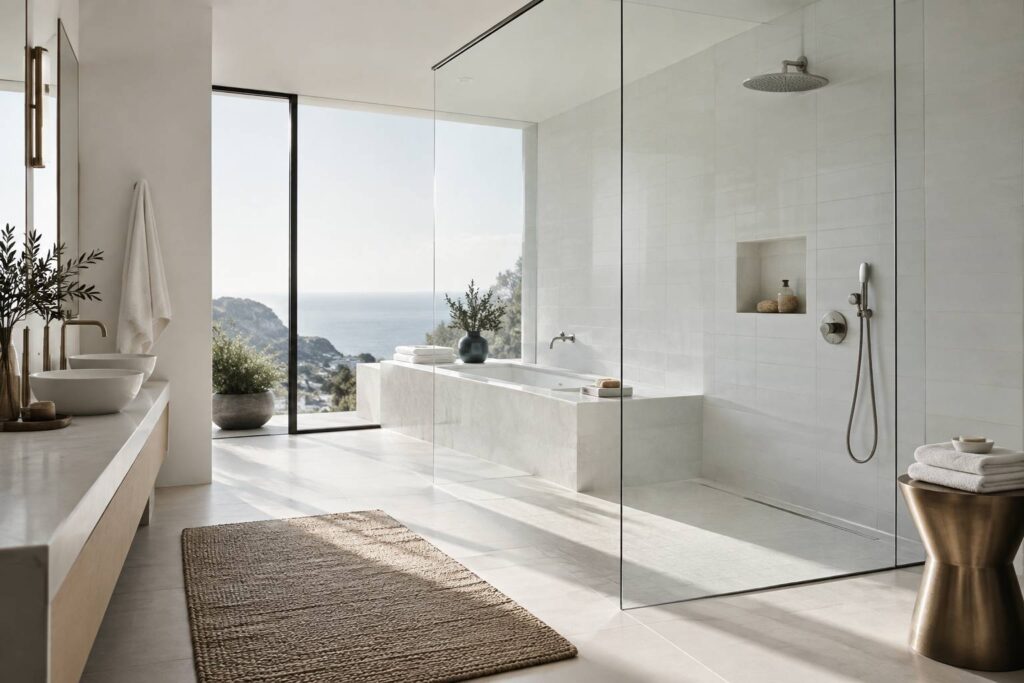 Baignoire installee dans une salle de bain claire avec paroi de verre