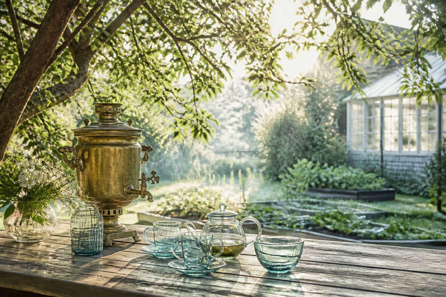 Jardin de datcha avec table en bois et samovar sous un arbre