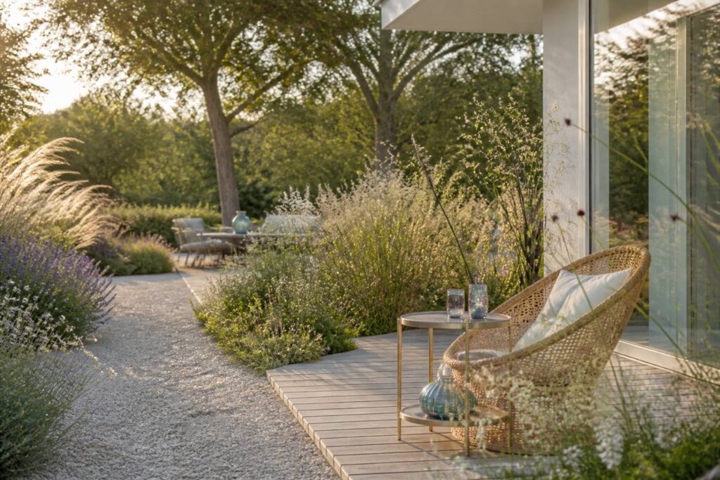 Jardin composé de massifs de vivaces avec allée de graviers et terrasse en bois