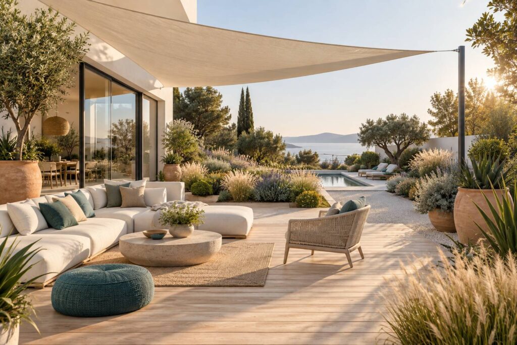 Jardin ensoleillé avec voile d'ombrage et massifs de graminées sur terrasse en bois