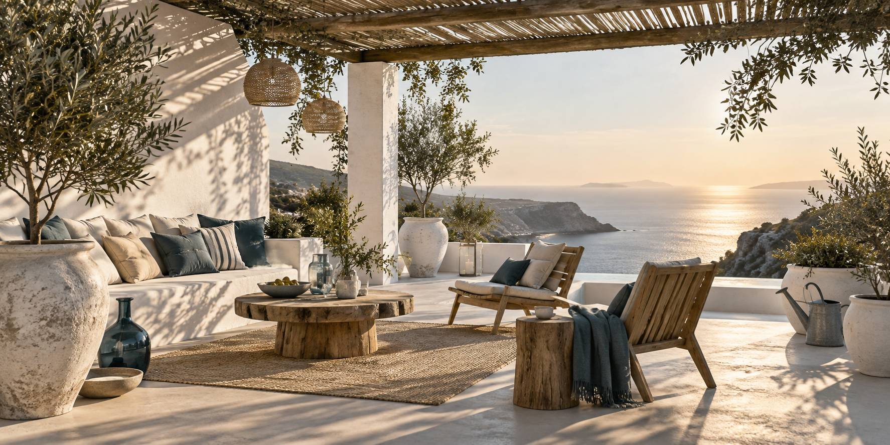 Coin d'ombre aménagé sous une pergola avec poteries et plantes en pot