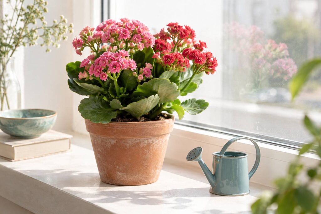 Vue large d'un kalanchoé en pot sur un rebord de fenêtre lumineux, fleurs roses et rouges groupées au-dessus d
