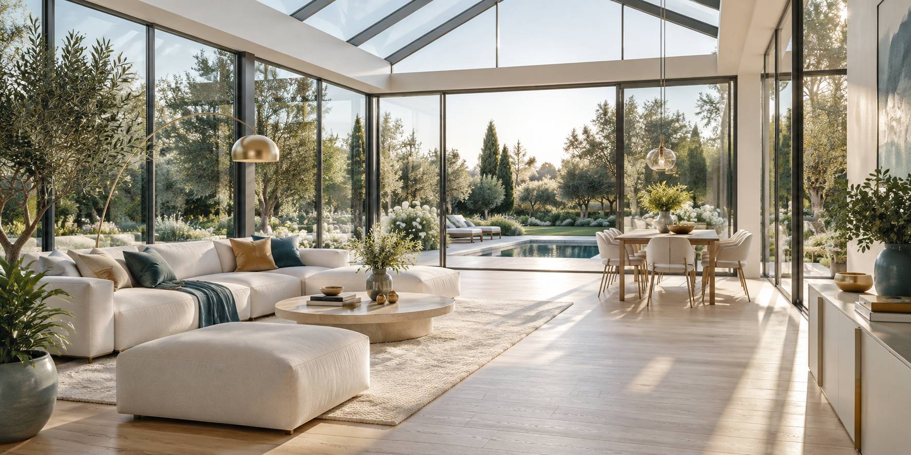 Villa elegante en pierre claire avec grandes baies vitrees et jardin de buis