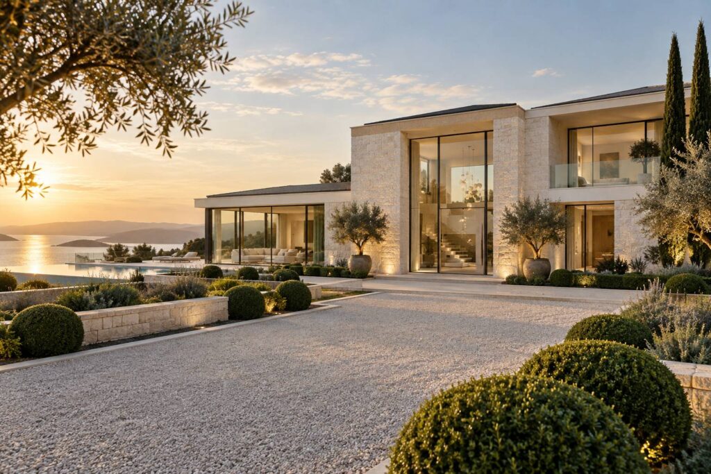 Villa elegante en pierre claire avec grandes baies vitrees et jardin de buis