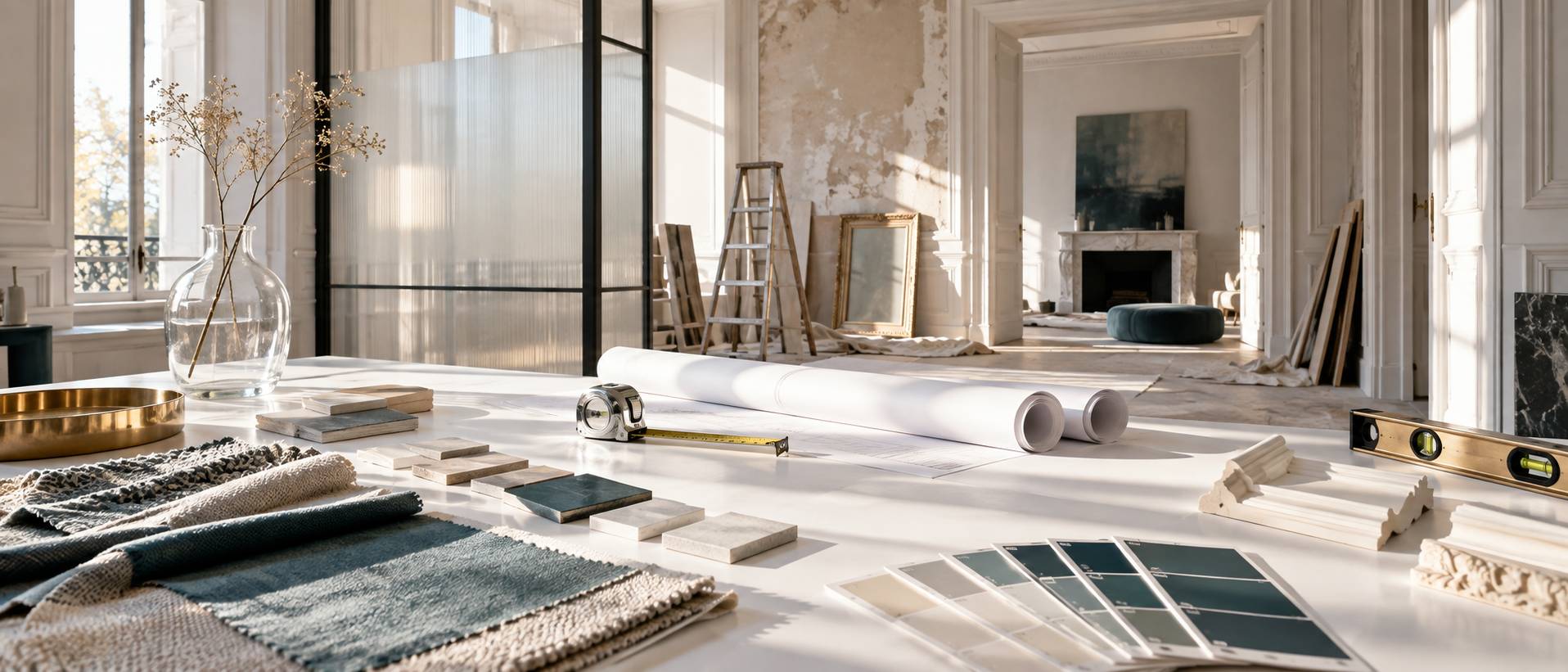 Intérieur ancien rénové aux moulures et parquet en chevrons avec mobilier contemporain