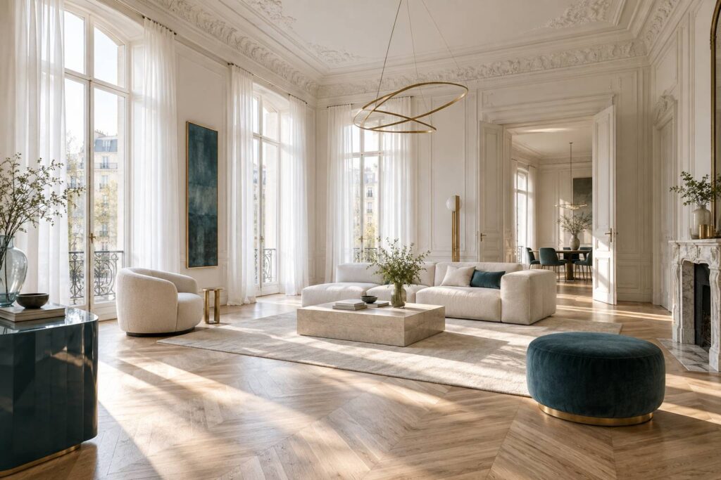 Intérieur ancien rénové aux moulures et parquet en chevrons avec mobilier contemporain