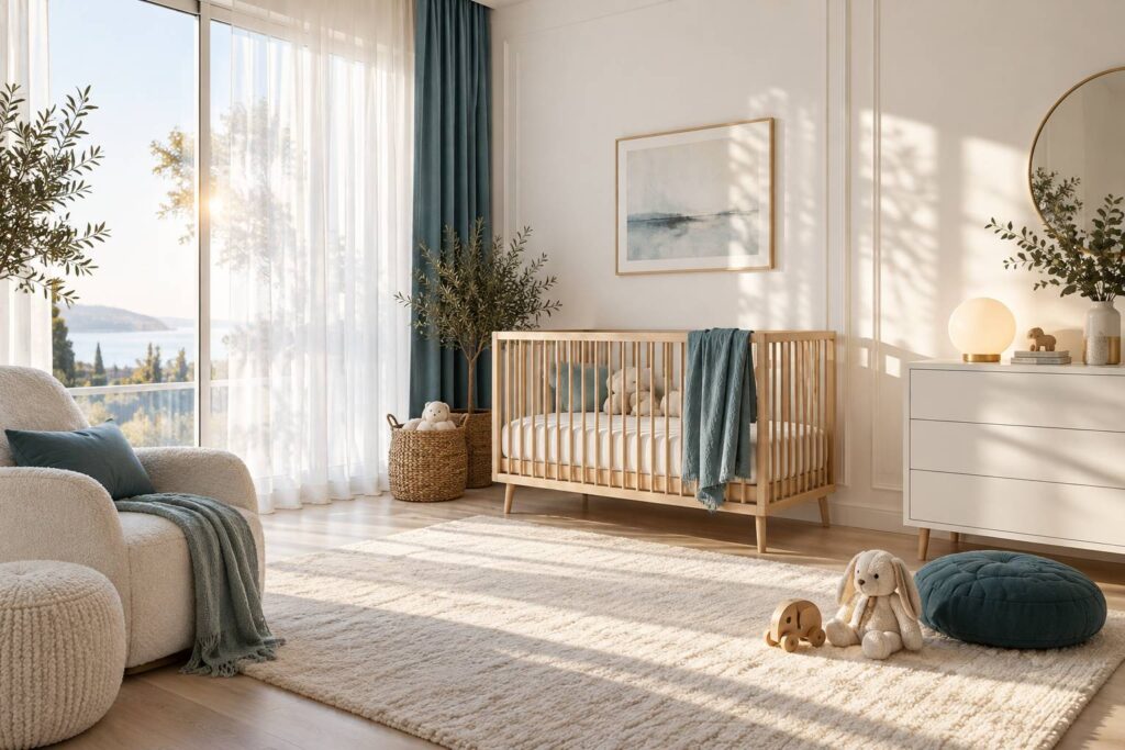Chambre de bebe lumineuse avec une fenetre a voilage leger et un berceau en bois clair