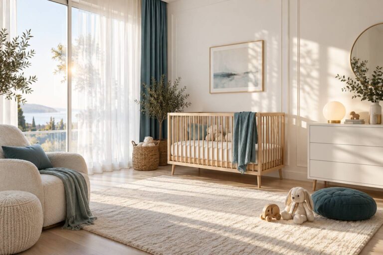 Lumière douce dans la chambre de bébé : fenêtres, rideaux et veilleuse