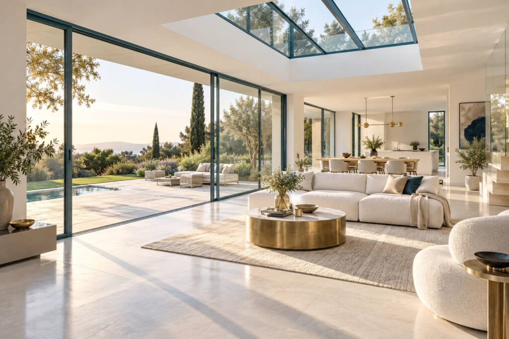 Maison contemporaine lumineuse avec grande baie vitrée ouvrant sur le jardin