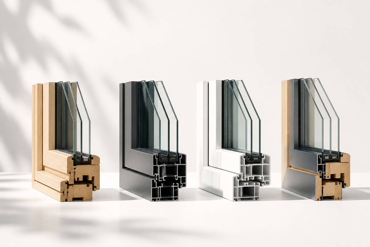 Quatre profilés de fenêtres en coupe comparés sur une surface claire