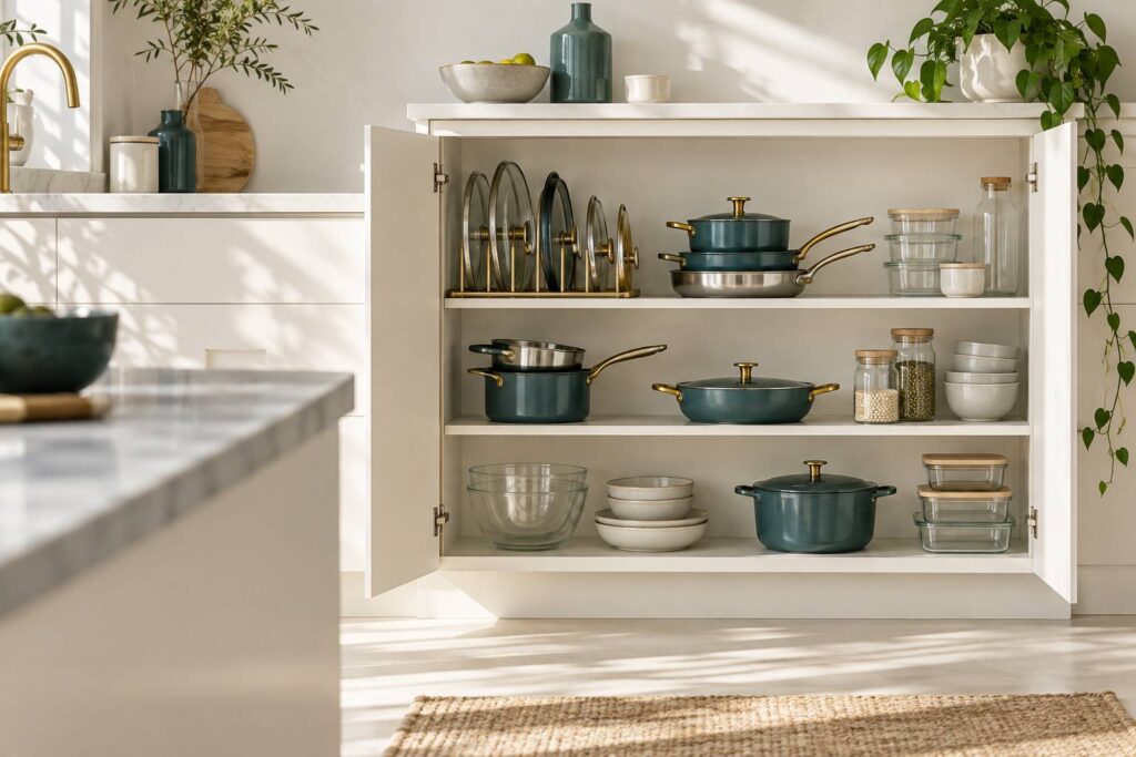 Placard de cuisine ouvert avec couvercles ranges verticalement dans des separateurs