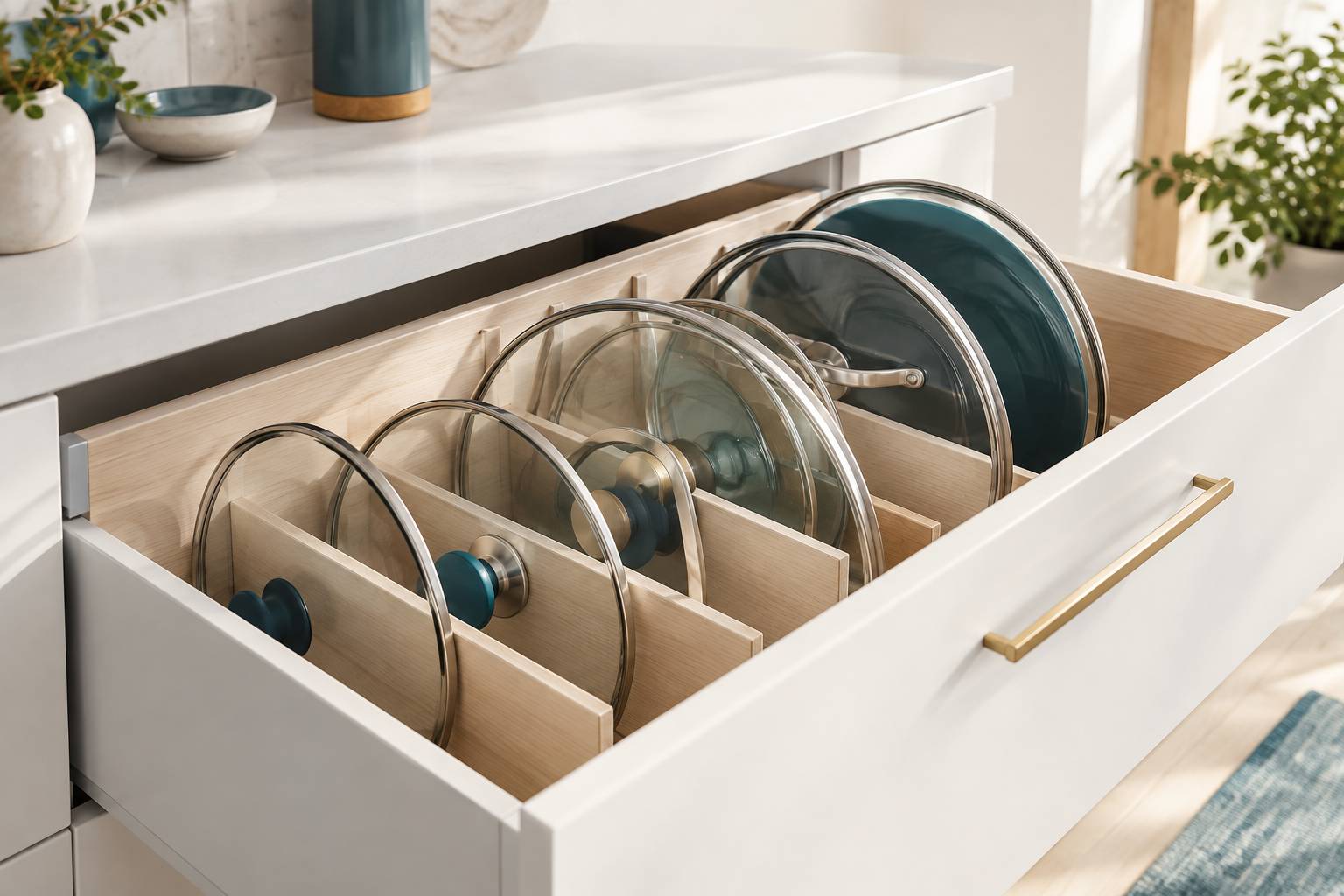 Tiroir avec couvercles de casseroles ranges entre des separateurs en bois