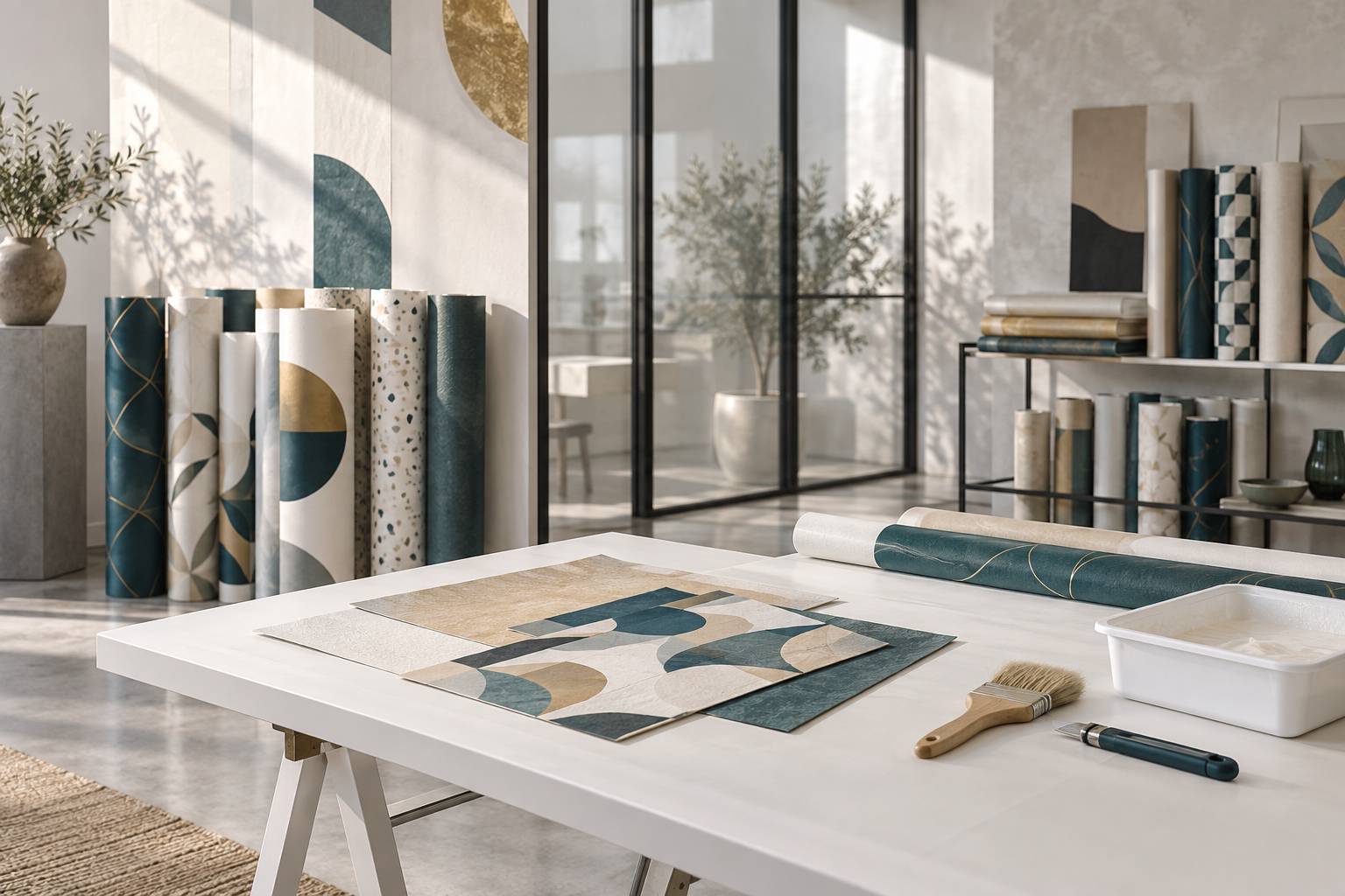 Rouleaux de papier peint et materiel d'atelier