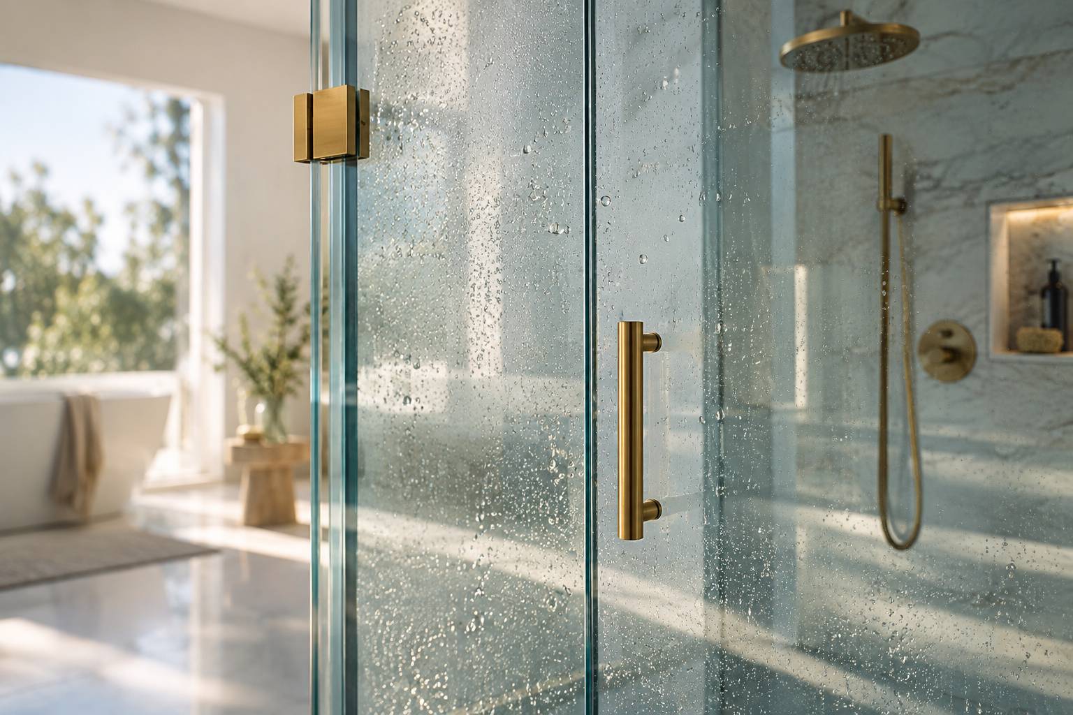 Paroi de douche en verre avec gouttes d'eau et poignée en laiton doré