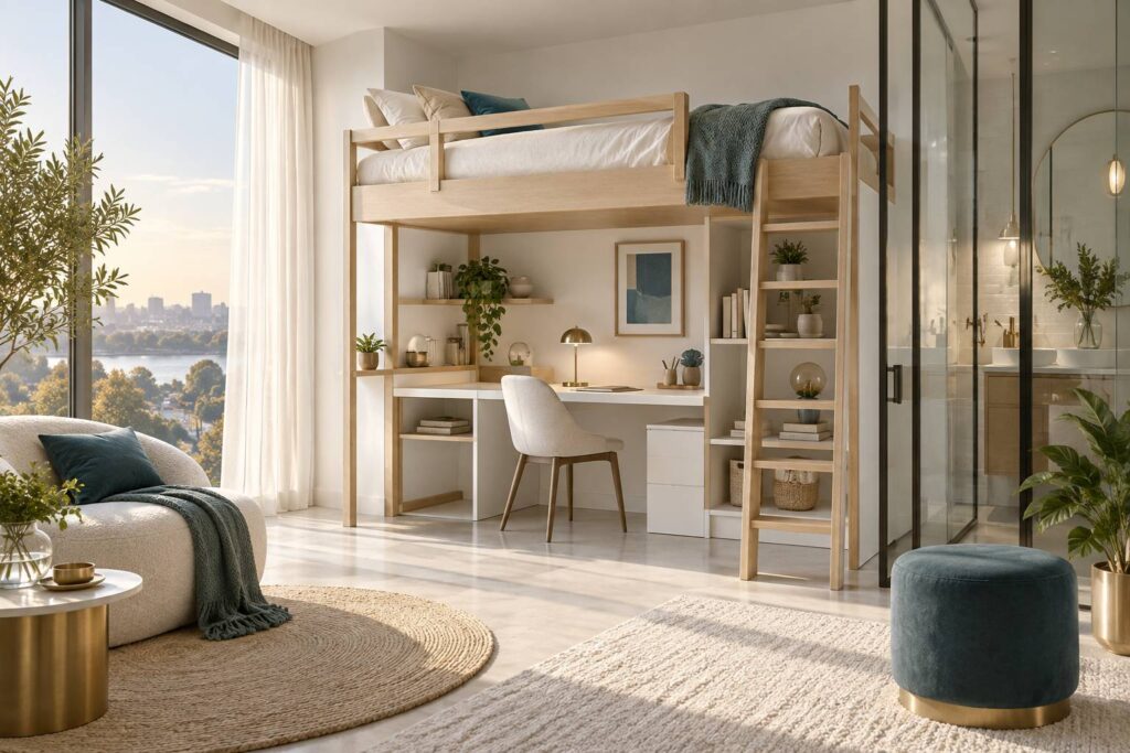 Petite chambre avec un lit mezzanine et un bureau aménagé dessous