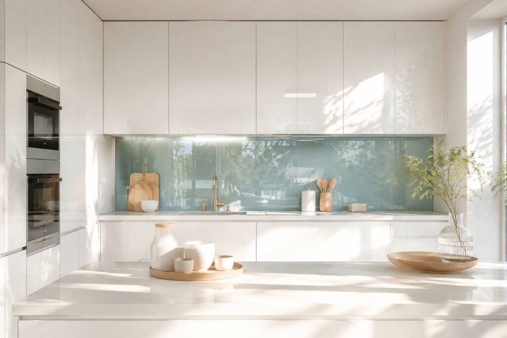 Petite cuisine contemporaine blanche et lumineuse avec crédence en verre