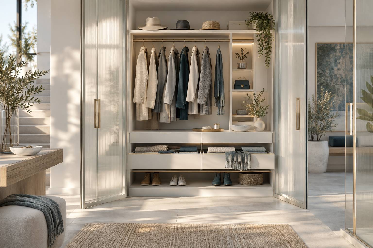 Interieur d'un placard d'entree organise avec manteaux et vide-poche