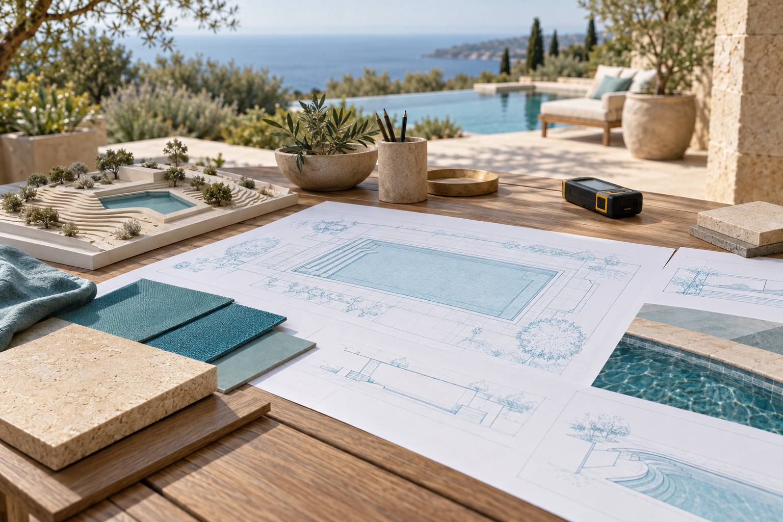 Plans techniques et échantillons de matériaux pour un projet de piscine sur une terrasse