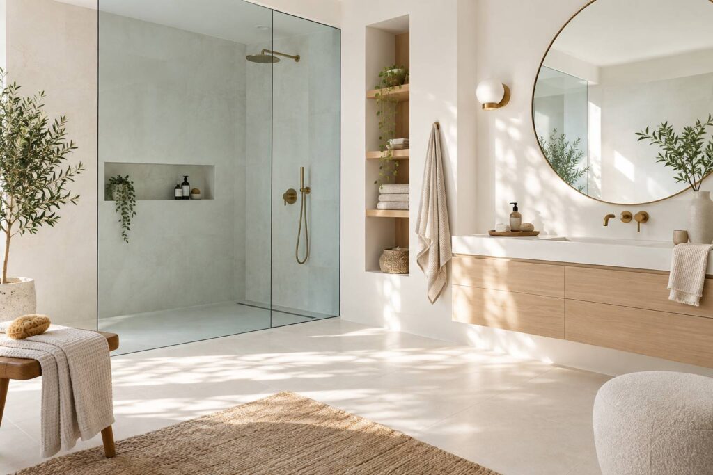 Salle de bains lumineuse avec paroi de douche en verre et robinetterie laiton