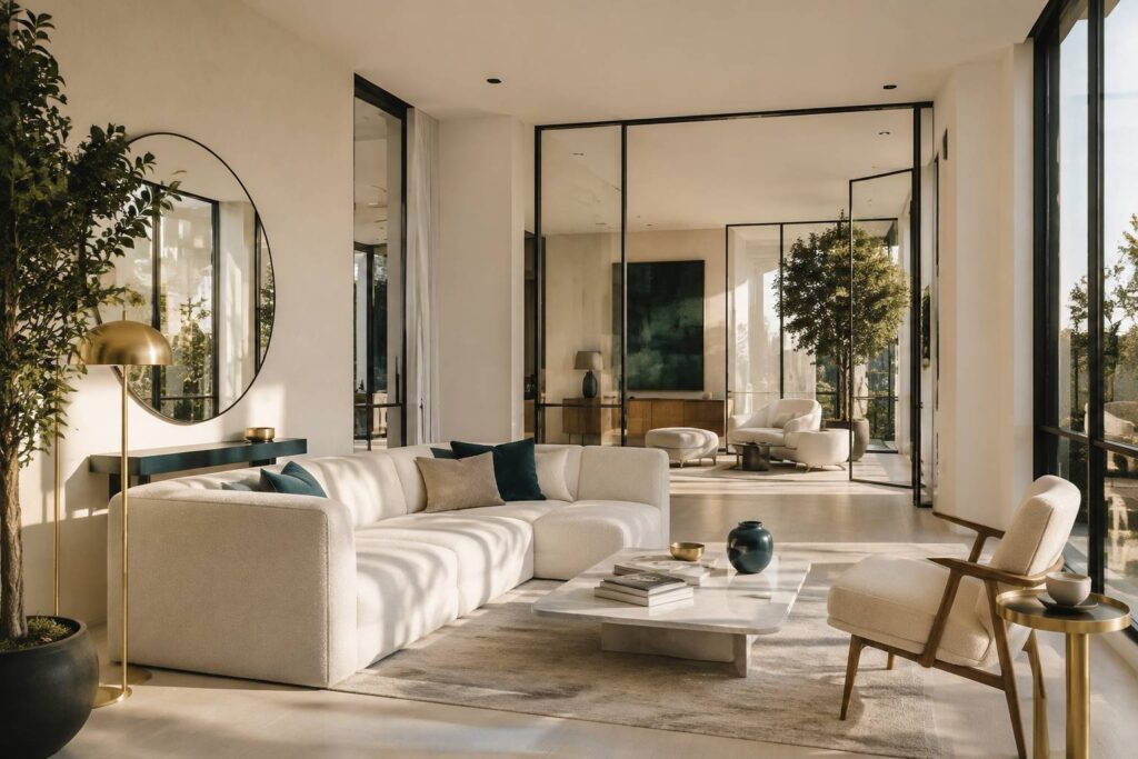 Salon contemporain lumineux avec cloisons vitrées, grandes baies et mobilier blanc et bois clair