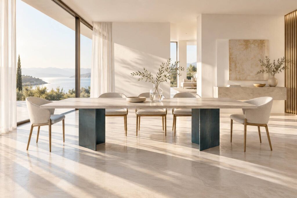 Table en ceramique a plateau mineral clair dans une salle a manger aeree