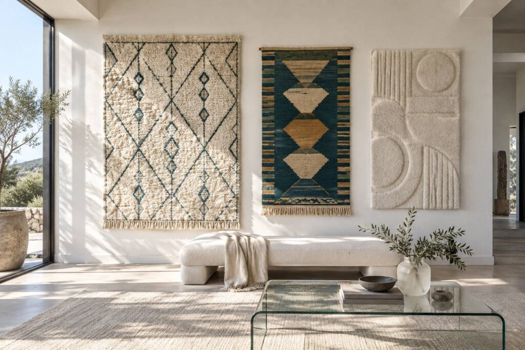 Illustration éditoriale du sujet : Tapis muraux : l'art sophistiqué de sublimer vos murs avec style
