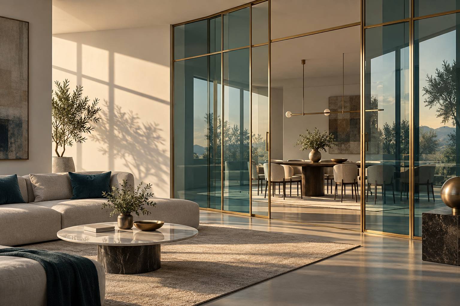 Verrière intérieure en verre et laiton avec ombres portées sur mur blanc